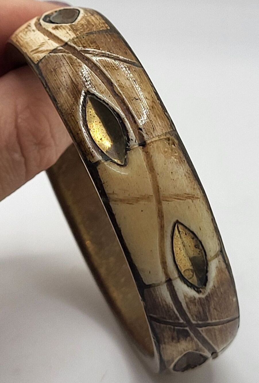 Vintage Tribal Brass & Bovine 'Nomadic' Bracelet Bohemian Leaf Wood Boho Chunky